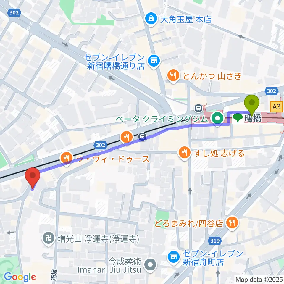 曙橋JAZZBAR FILL INの最寄駅曙橋駅からの徒歩ルート（約6分）地図