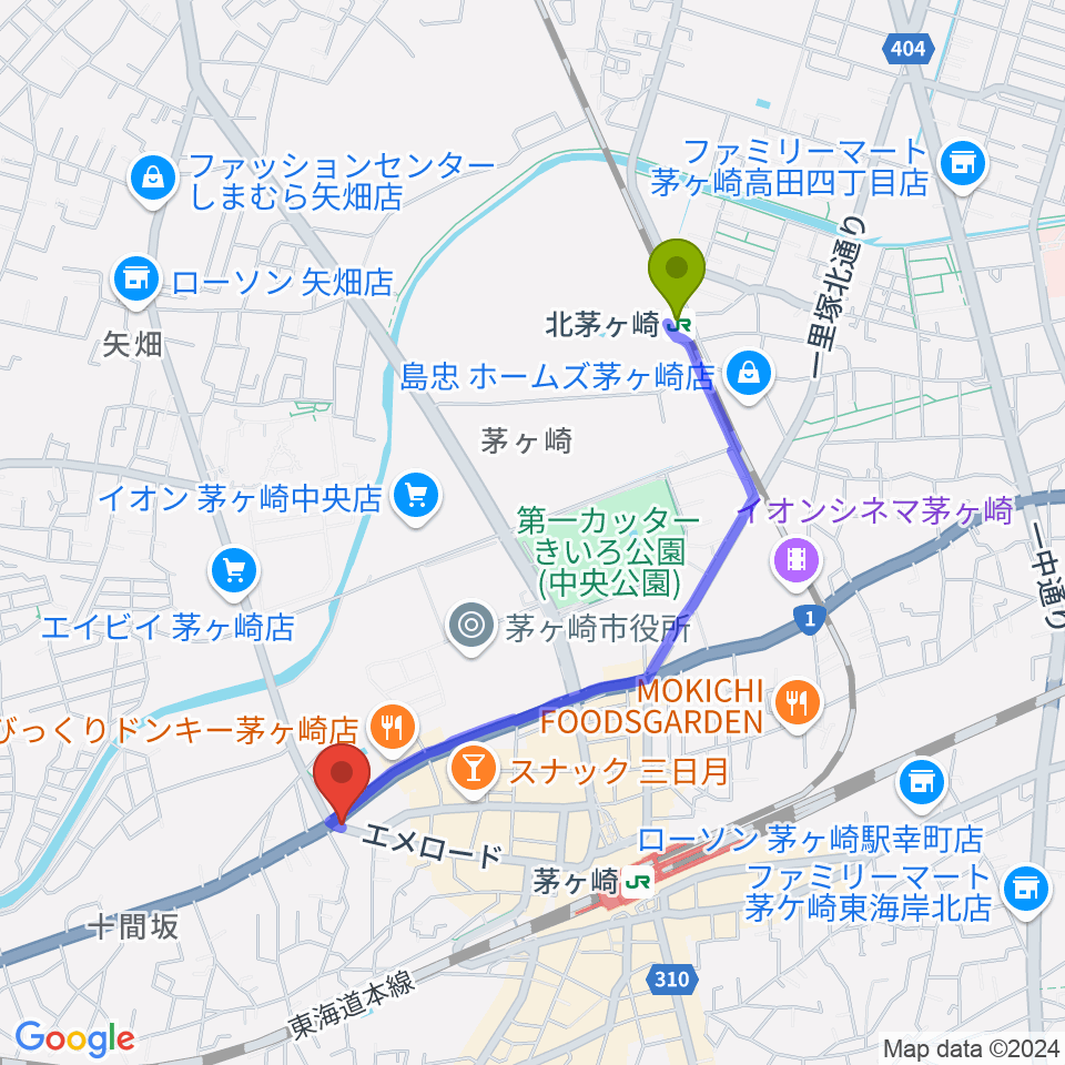 北茅ケ崎駅からシークミュージックスクール茅ヶ崎校へのルートマップ地図