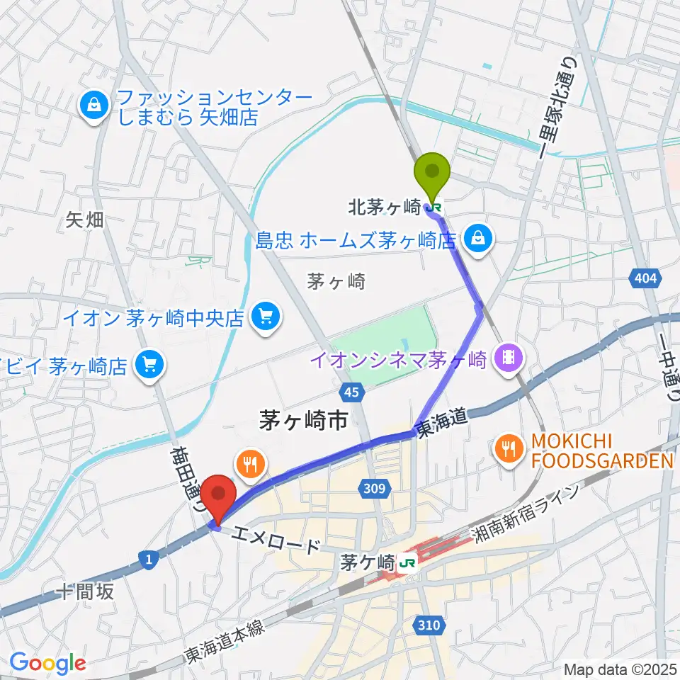 北茅ケ崎駅からシークミュージックスクール茅ヶ崎校へのルートマップ地図