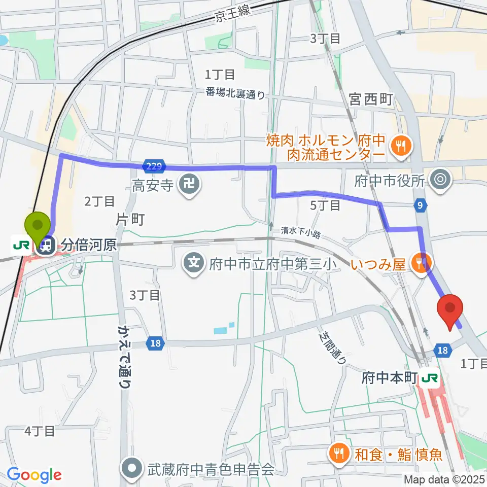 分倍河原駅からヨークカルチャーセンター府中へのルートマップ地図