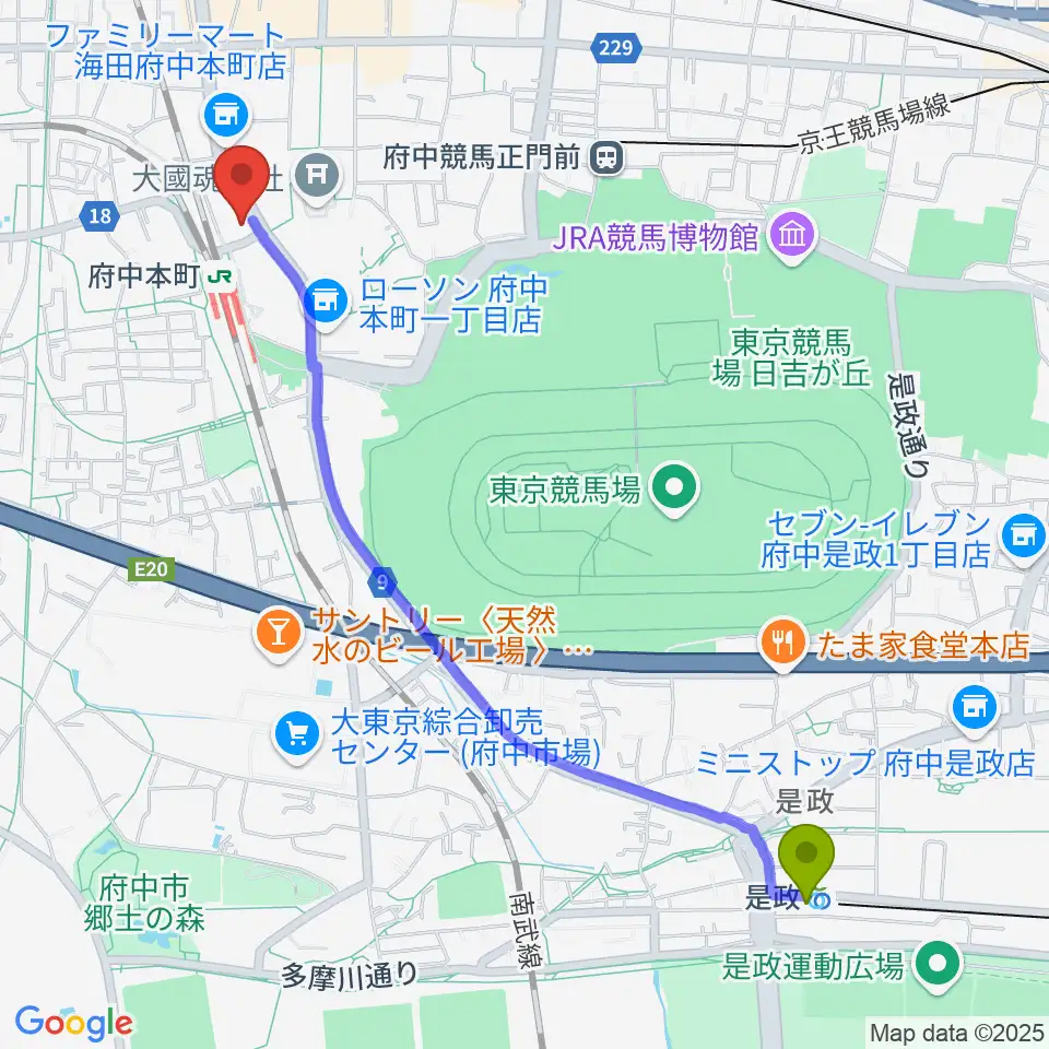 是政駅からヨークカルチャーセンター府中へのルートマップ地図