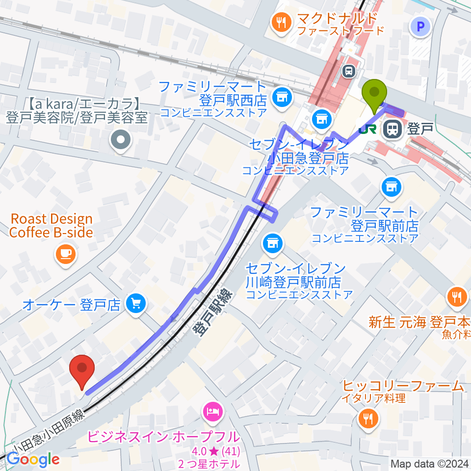 登戸駅からアミーズボーカルスクール向ヶ丘遊園校へのルートマップ地図