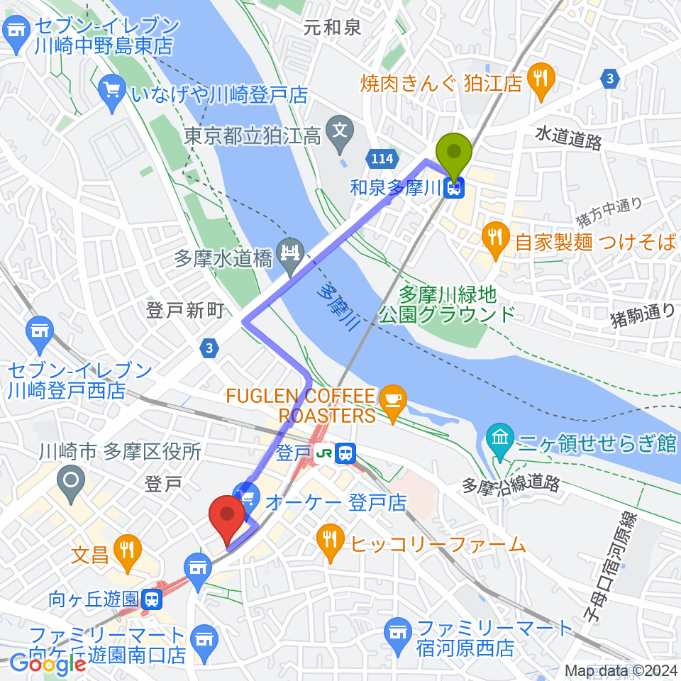 和泉多摩川駅からアミーズボーカルスクール向ヶ丘遊園校へのルートマップ地図