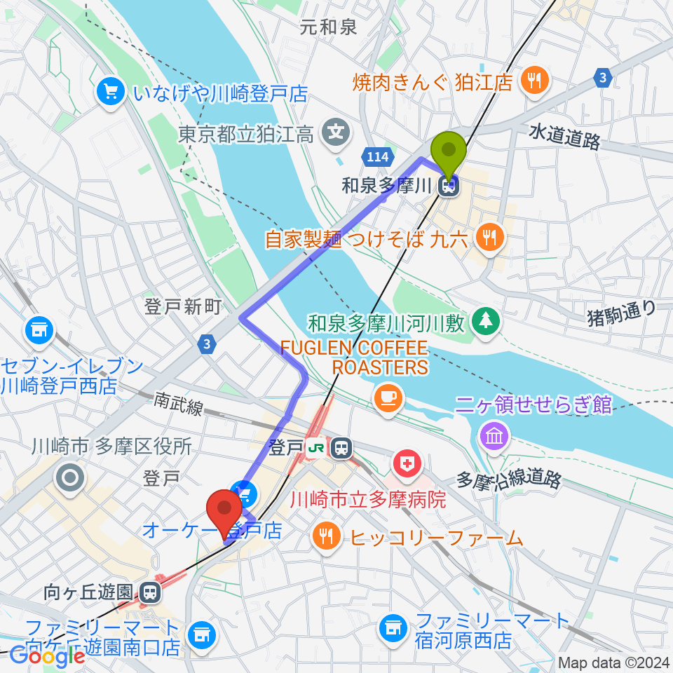 和泉多摩川駅からアミーズボーカルスクール向ヶ丘遊園校へのルートマップ地図