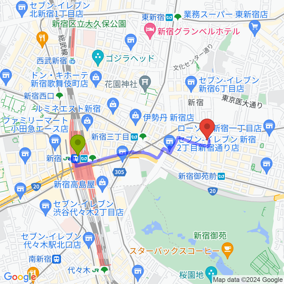 新宿駅からアミーズボーカルスクール新宿三丁目校へのルートマップ地図