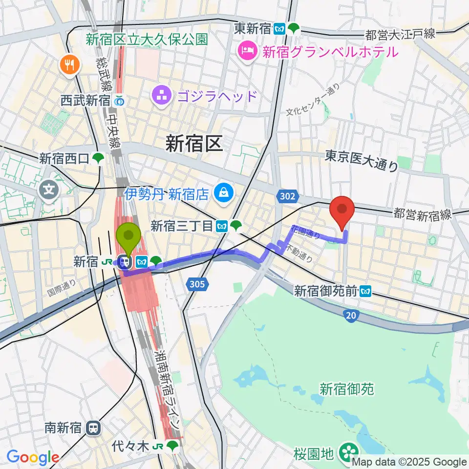 新宿駅からアミーズボーカルスクール新宿三丁目校へのルートマップ地図