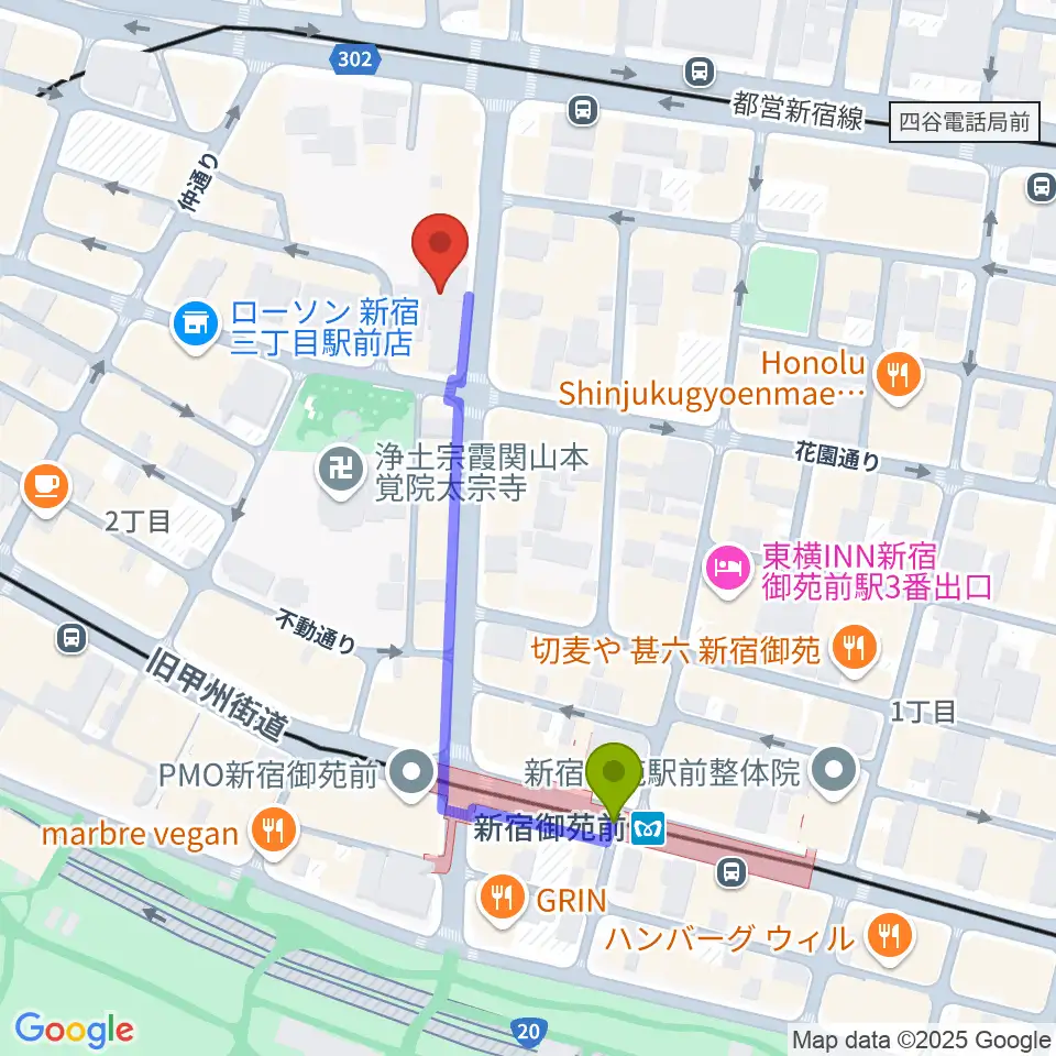 アミーズボーカルスクール新宿三丁目校の最寄駅新宿御苑前駅からの徒歩ルート（約4分）地図
