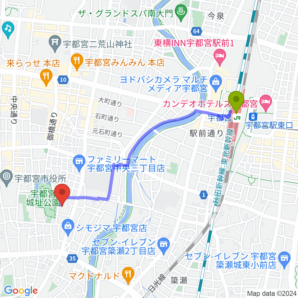 宇都宮駅から宇都宮ビッグアップルへのルートマップ地図