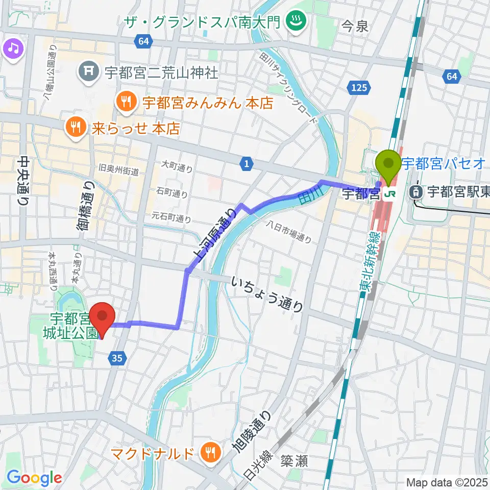 宇都宮駅から宇都宮ビッグアップルへのルートマップ地図