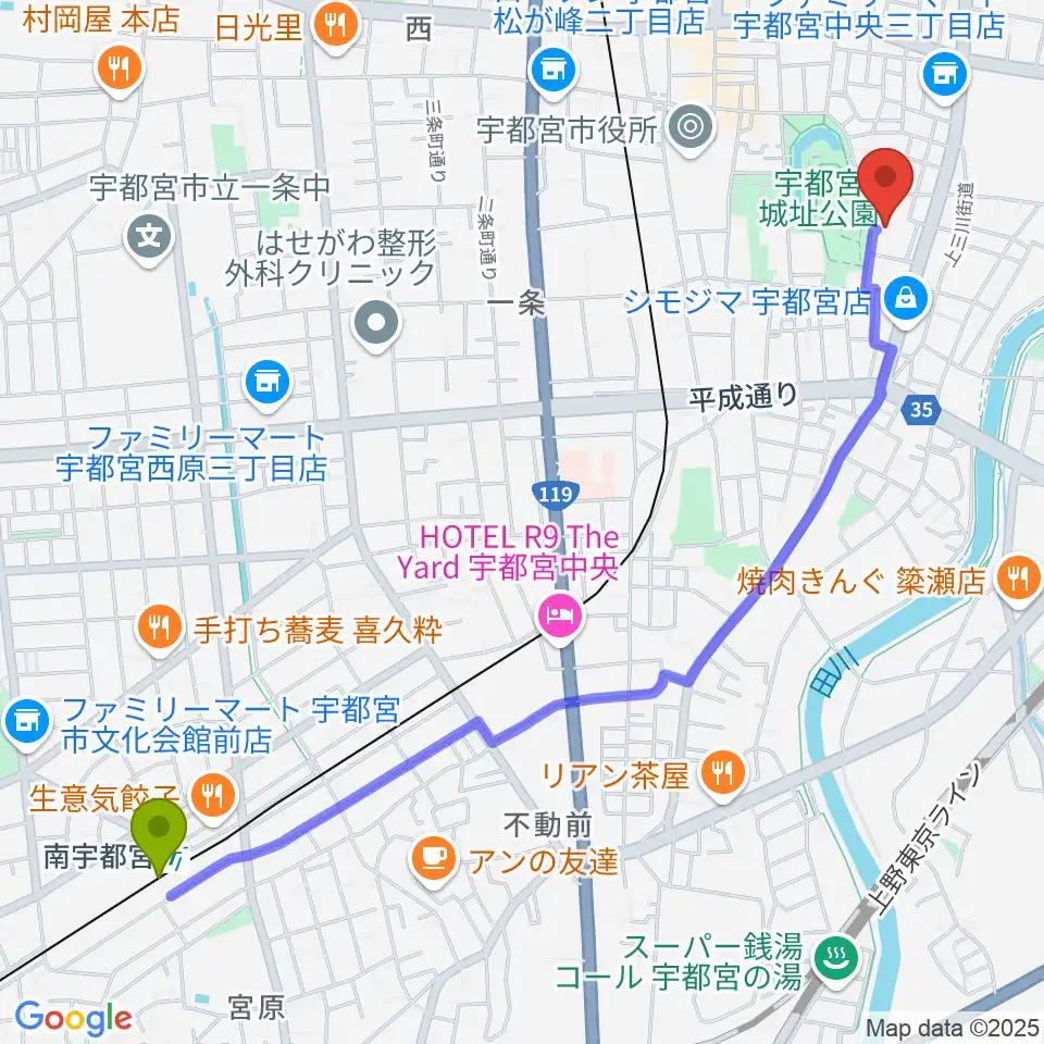 南宇都宮駅から宇都宮ビッグアップルへのルートマップ地図
