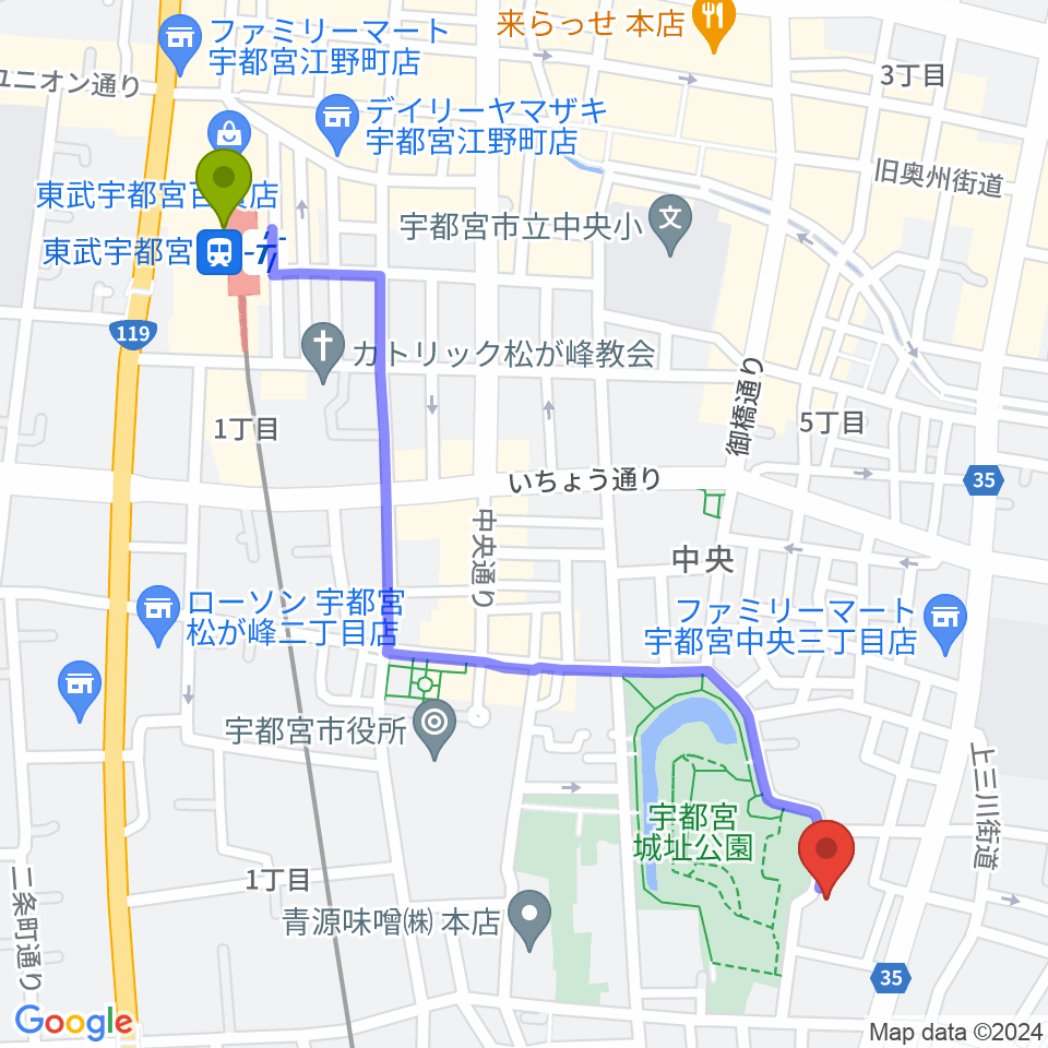 宇都宮ビッグアップルの最寄駅東武宇都宮駅からの徒歩ルート（約13分）地図