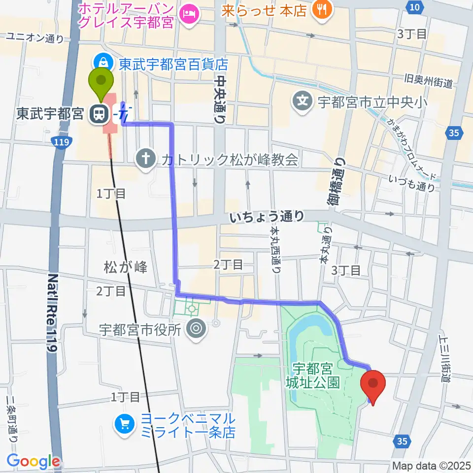 宇都宮ビッグアップルの最寄駅東武宇都宮駅からの徒歩ルート（約13分）地図