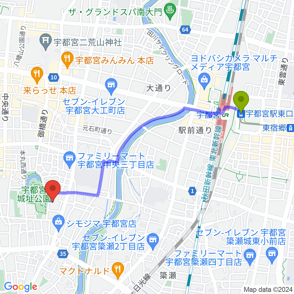 宇都宮駅東口駅から宇都宮ビッグアップルへのルートマップ地図