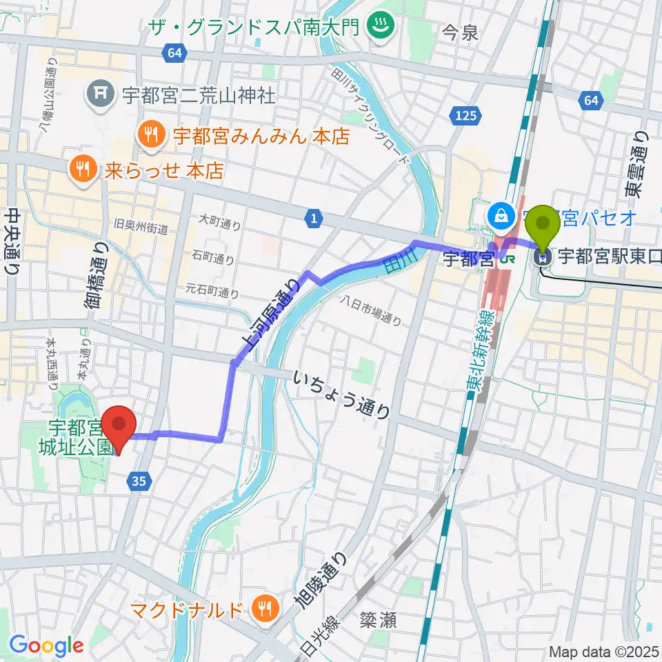 宇都宮駅東口駅から宇都宮ビッグアップルへのルートマップ地図