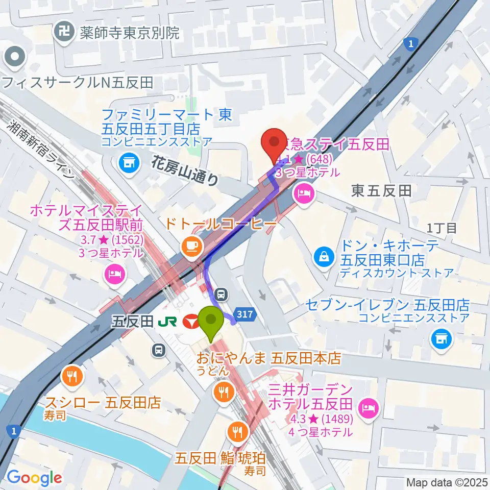 東京デザインセンター・ガレリアホールの最寄駅五反田駅からの徒歩ルート（約3分）地図