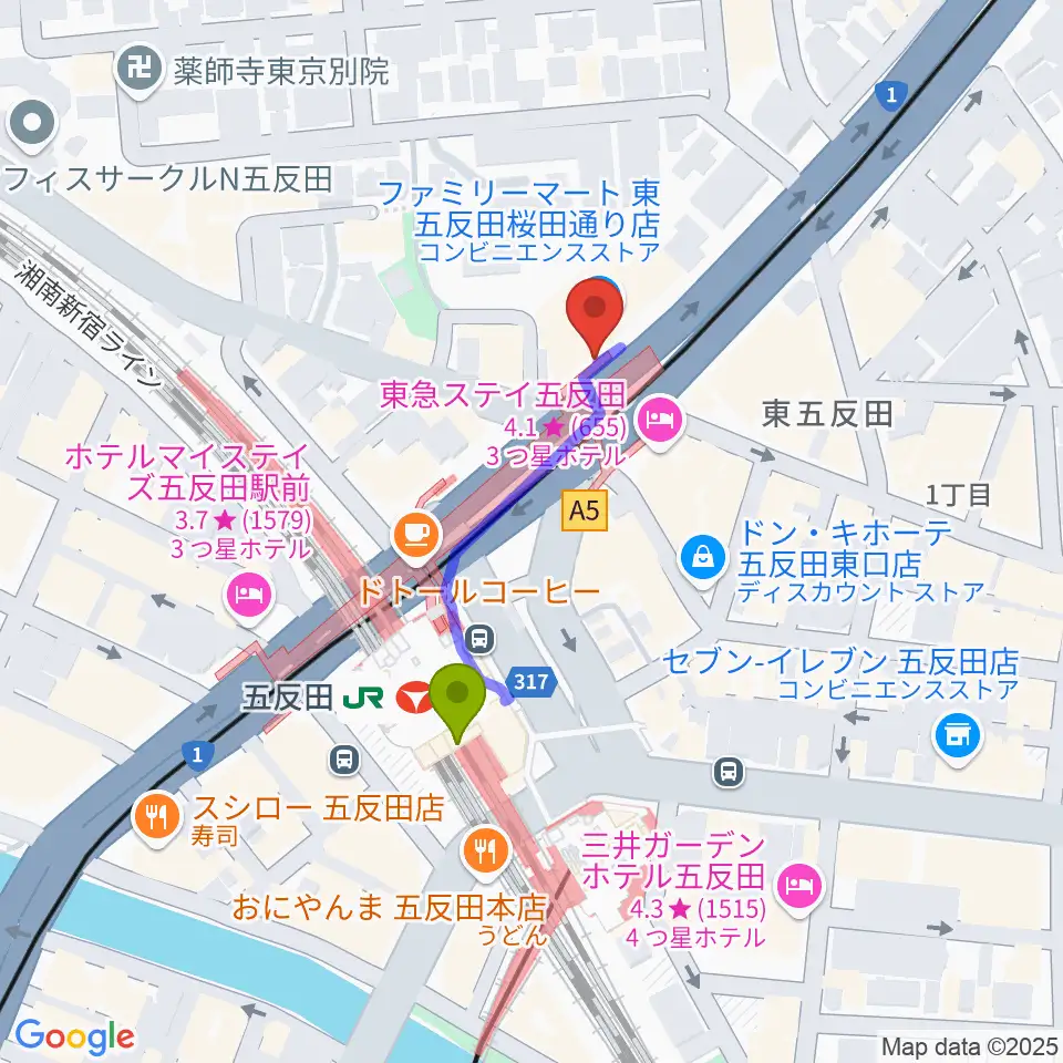 東京デザインセンター・ガレリアホールの最寄駅五反田駅からの徒歩ルート（約3分）地図