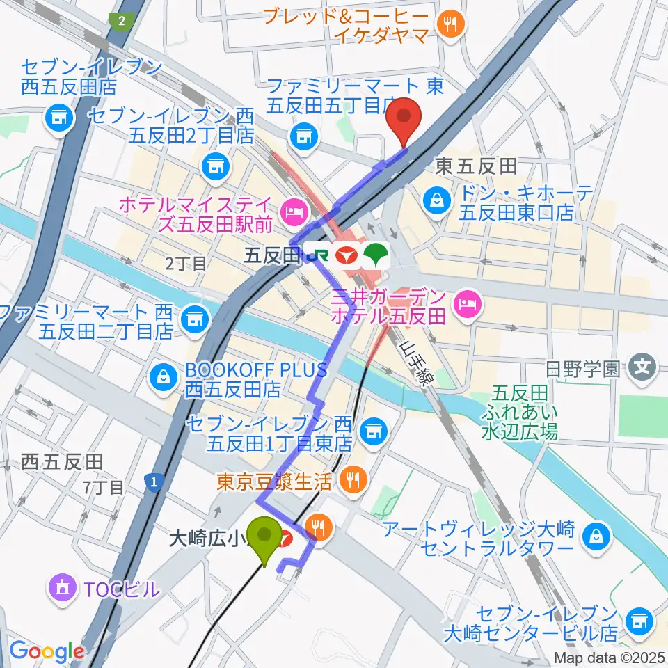 大崎広小路駅から東京デザインセンター・ガレリアホールへのルートマップ地図