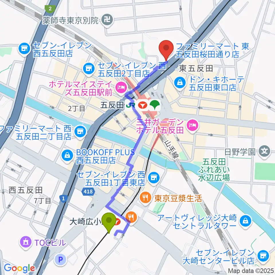 大崎広小路駅から東京デザインセンター・ガレリアホールへのルートマップ地図