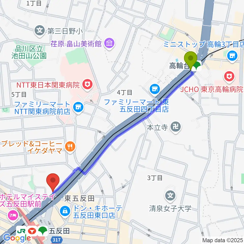 高輪台駅から東京デザインセンター・ガレリアホールへのルートマップ地図