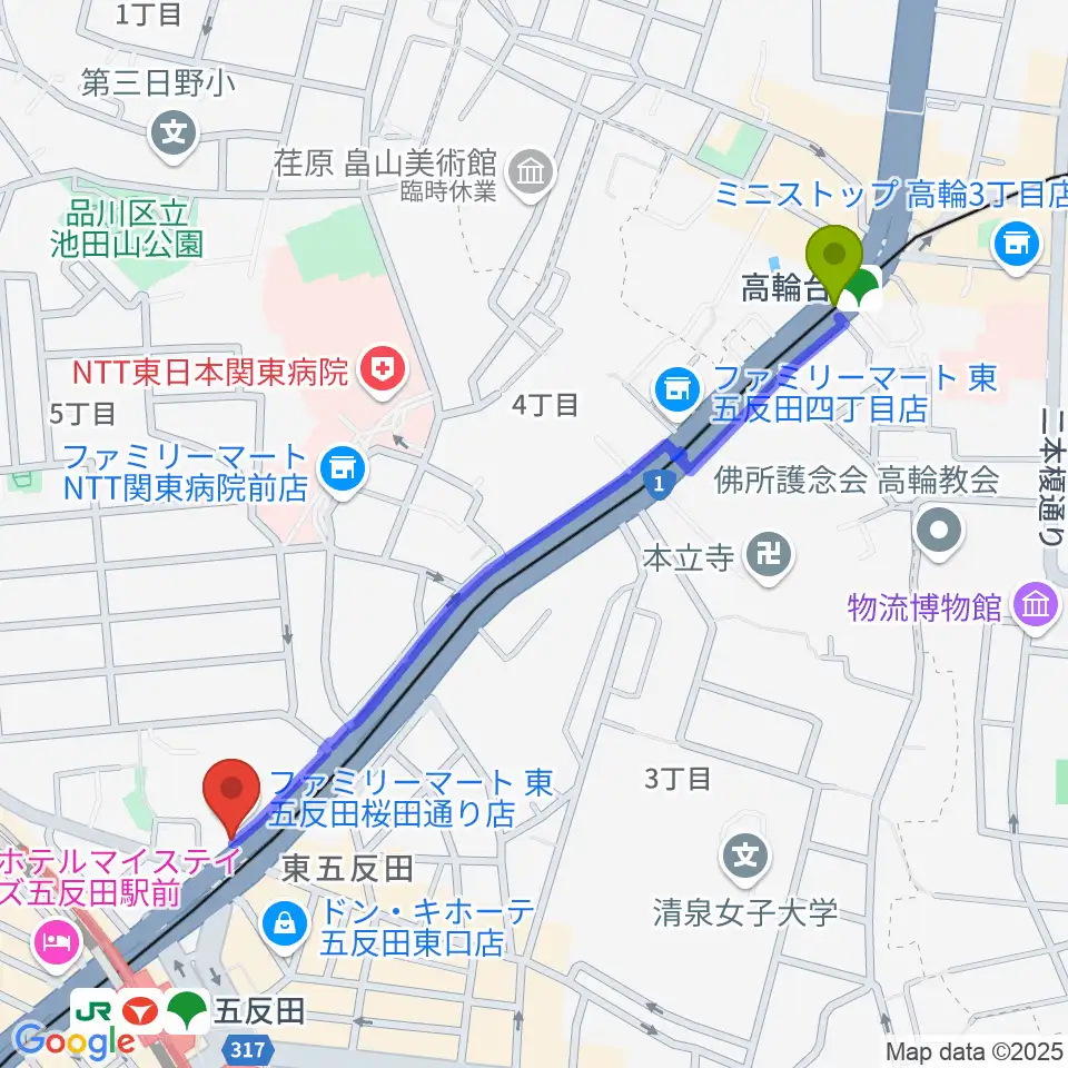 高輪台駅から東京デザインセンター・ガレリアホールへのルートマップ地図