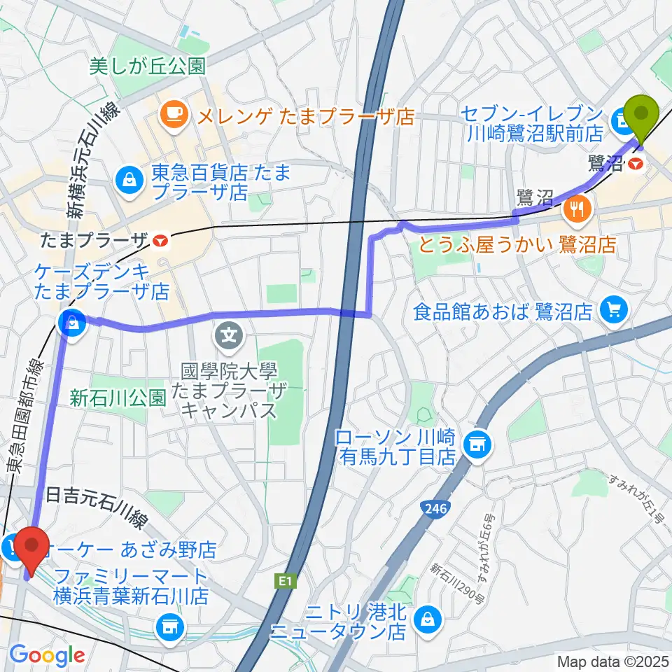 鷺沼駅からアミーズボーカルスクールあざみ野校へのルートマップ地図