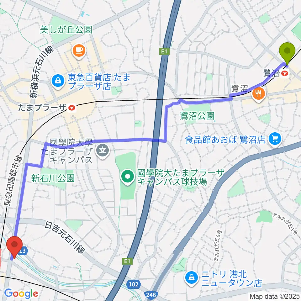 鷺沼駅からアミーズボーカルスクールあざみ野校へのルートマップ地図