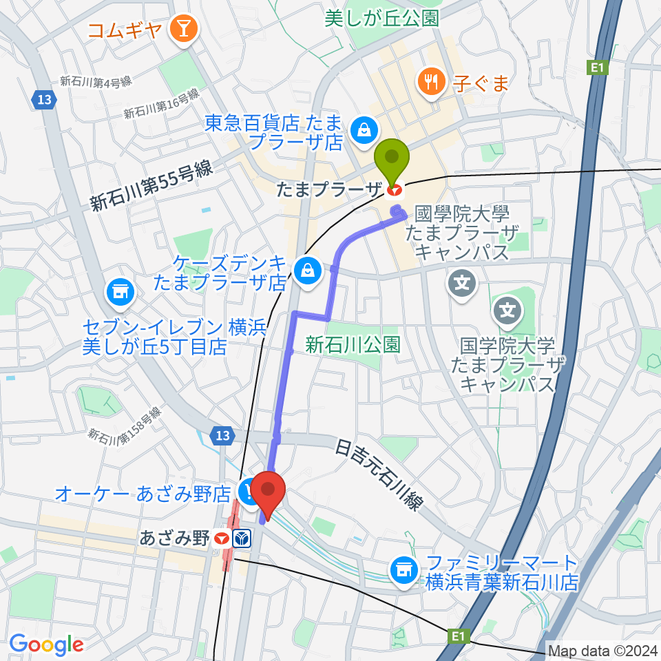 たまプラーザ駅からアミーズボーカルスクールあざみ野校へのルートマップ地図