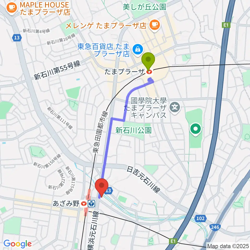 たまプラーザ駅からアミーズボーカルスクールあざみ野校へのルートマップ地図
