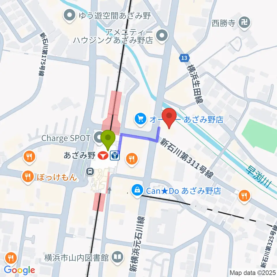 アミーズボーカルスクールあざみ野校の最寄駅あざみ野駅からの徒歩ルート（約2分）地図