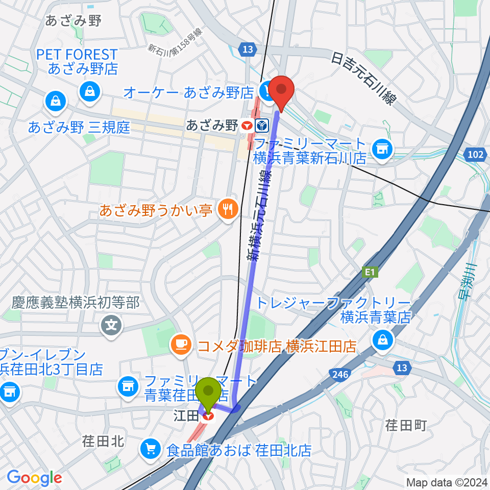 江田駅からアミーズボーカルスクールあざみ野校へのルートマップ地図