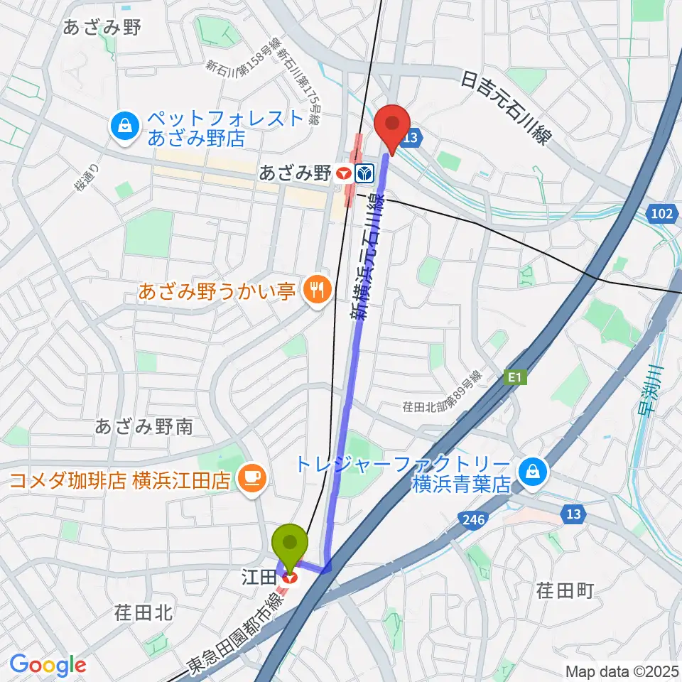 江田駅からアミーズボーカルスクールあざみ野校へのルートマップ地図