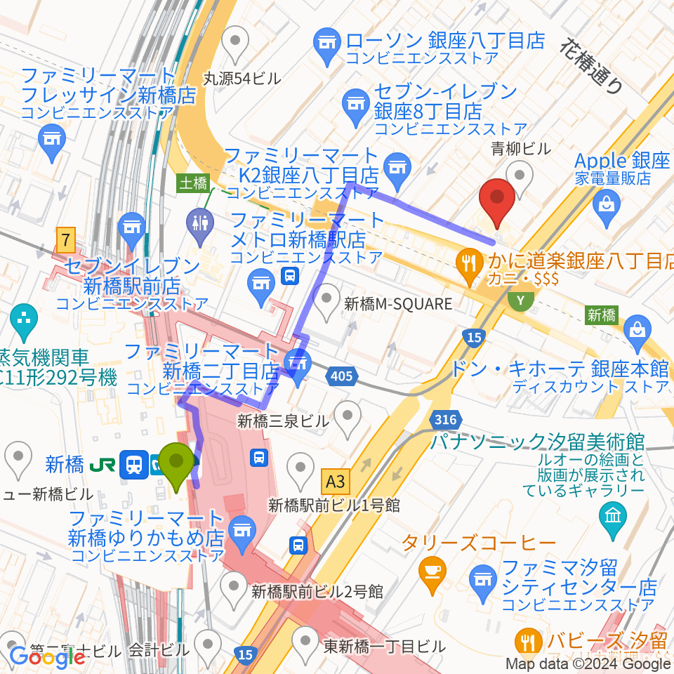 博品館劇場の最寄駅新橋駅からの徒歩ルート（約5分）地図