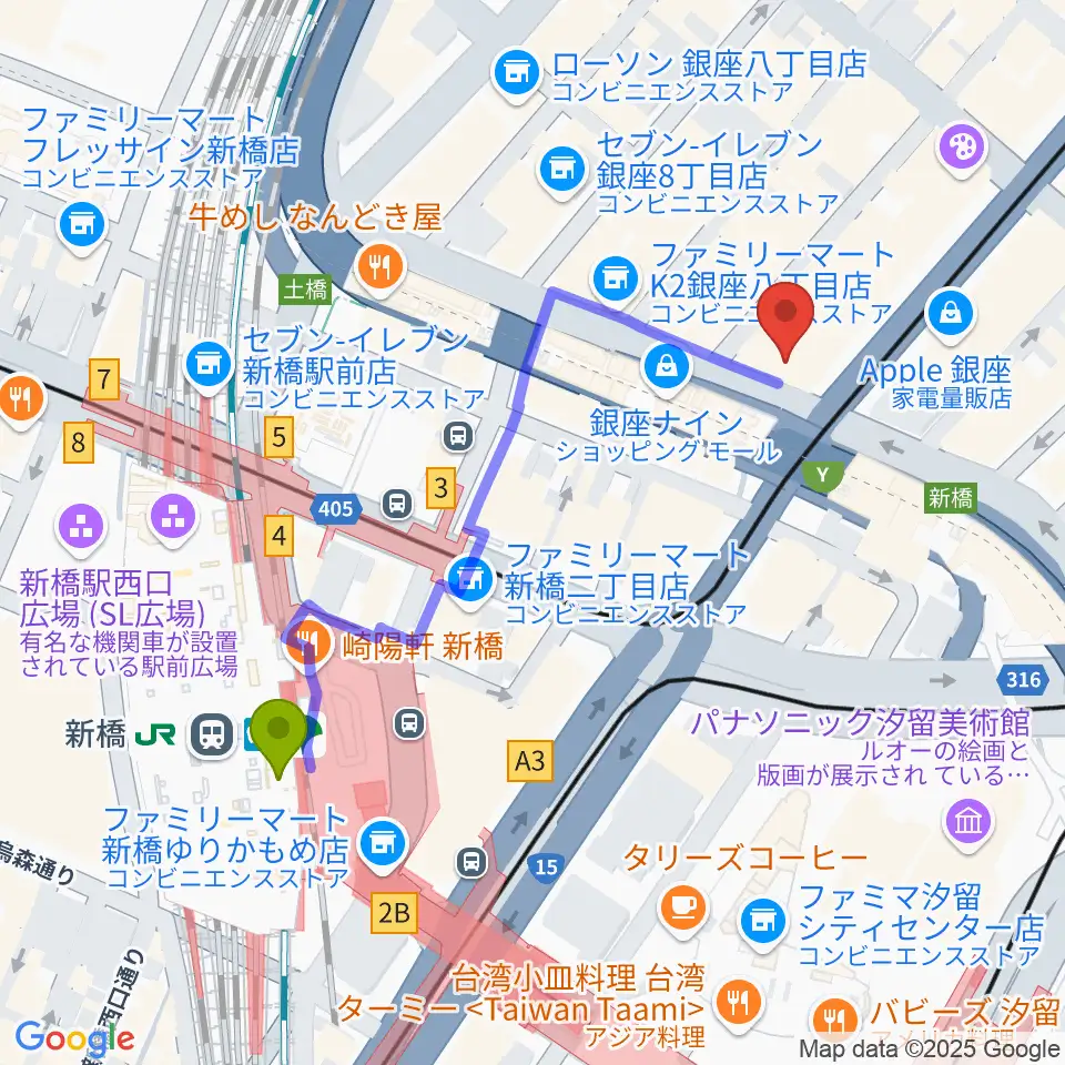 博品館劇場の最寄駅新橋駅からの徒歩ルート（約5分）地図