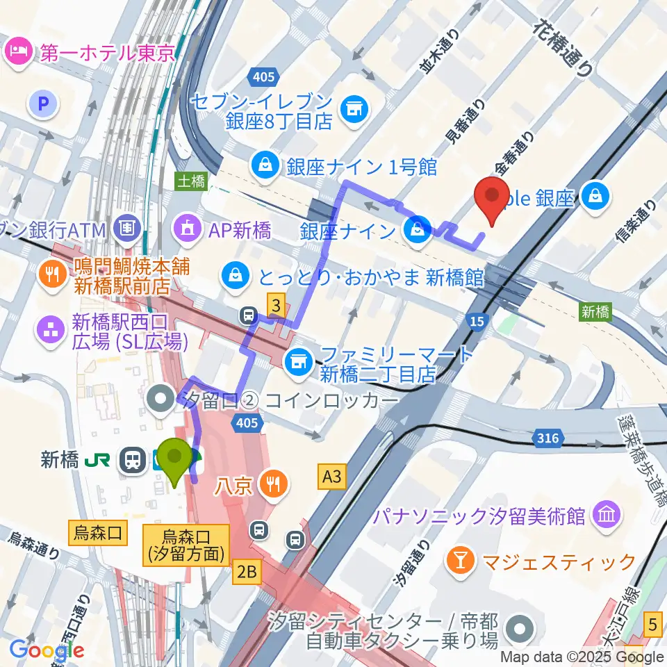 博品館劇場の最寄駅新橋駅からの徒歩ルート（約5分）地図