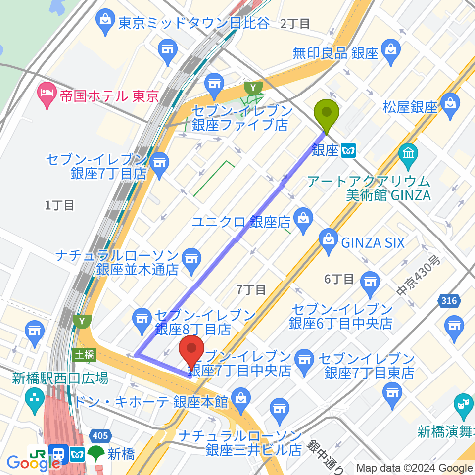 銀座駅から博品館劇場へのルートマップ地図