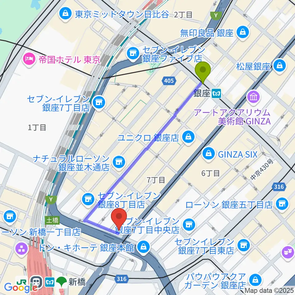 銀座駅から博品館劇場へのルートマップ地図