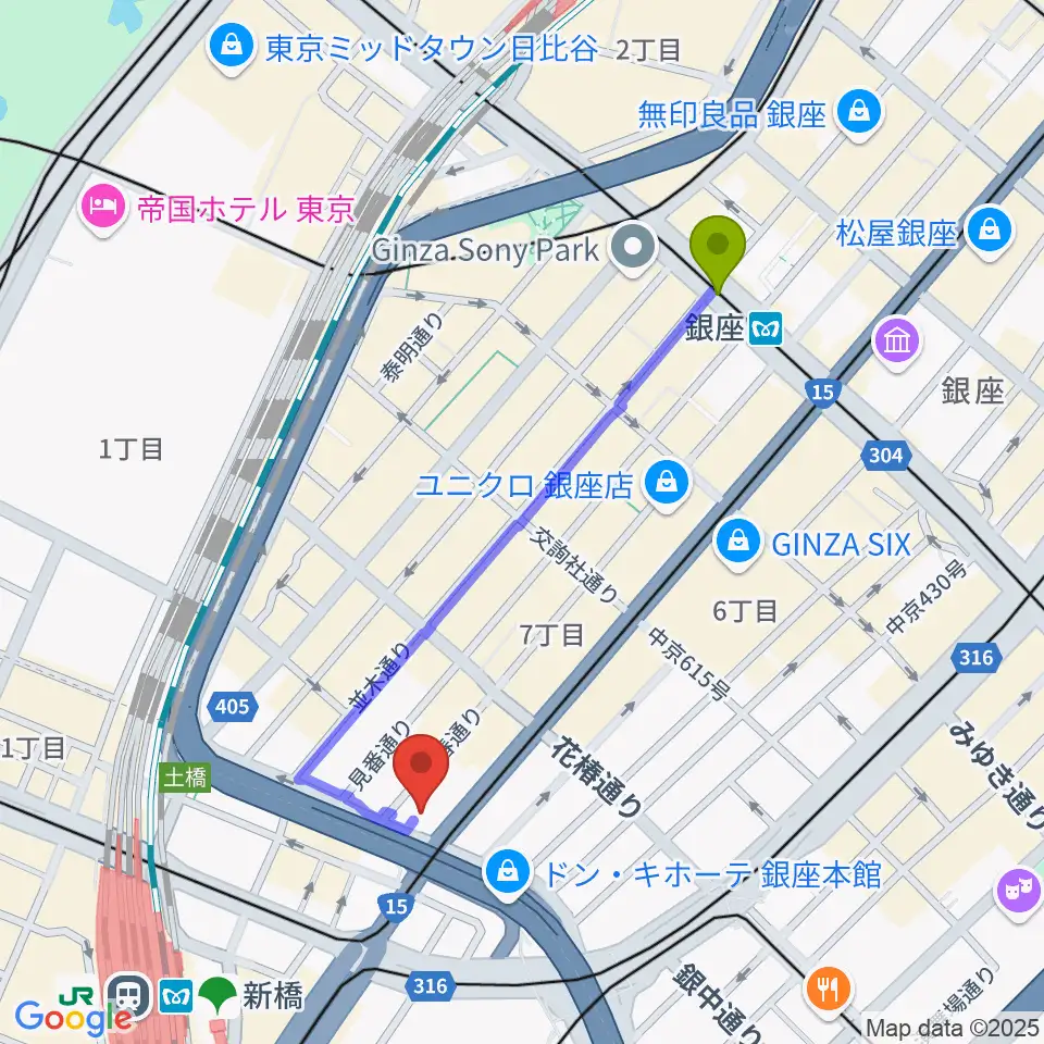 銀座駅から博品館劇場へのルートマップ地図