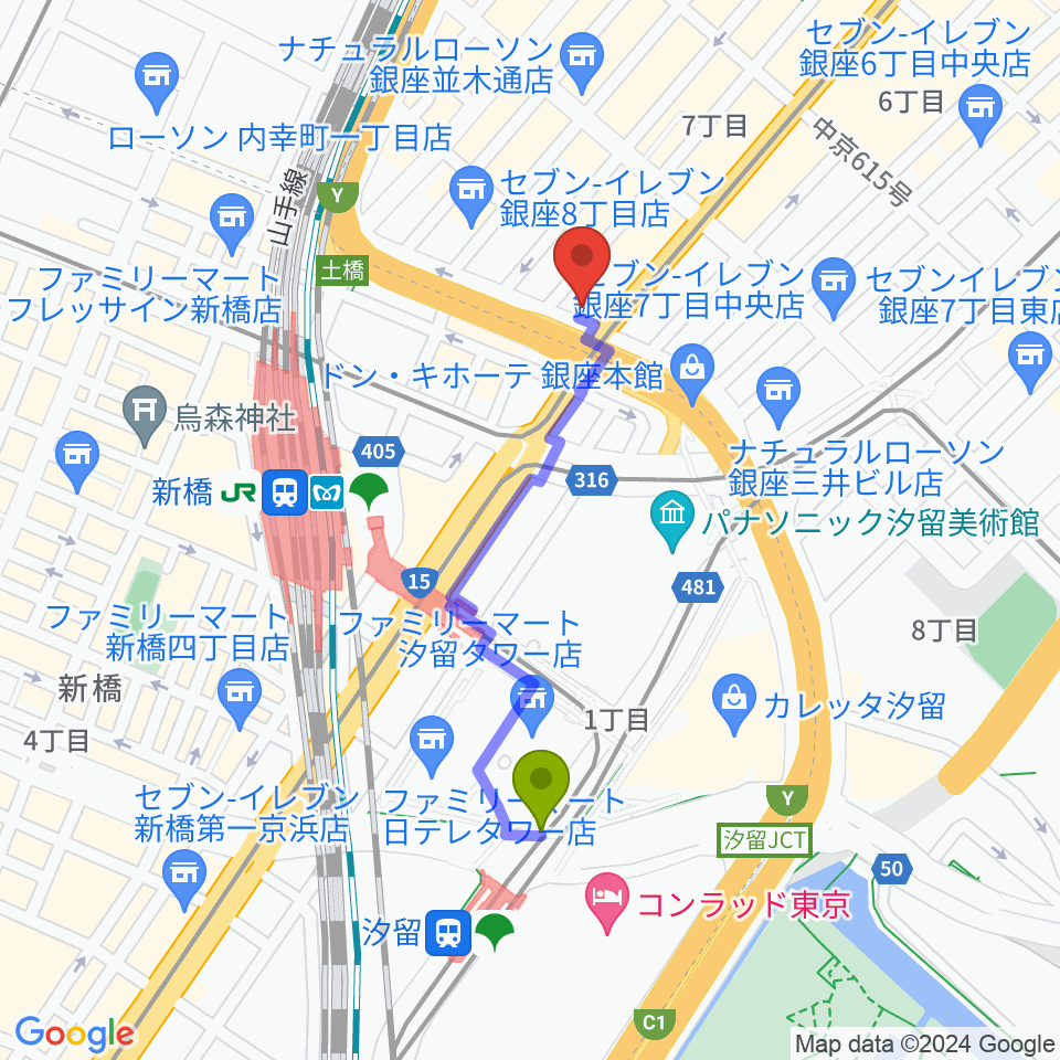 汐留駅から博品館劇場へのルートマップ地図