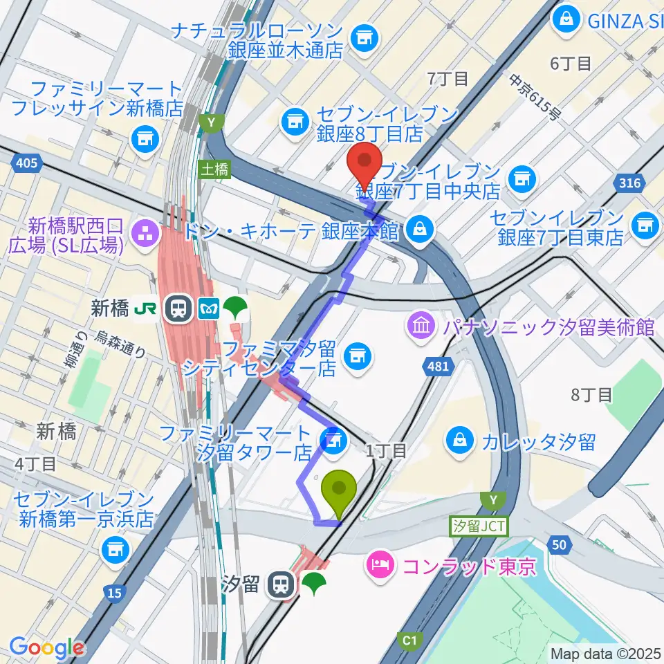 汐留駅から博品館劇場へのルートマップ地図