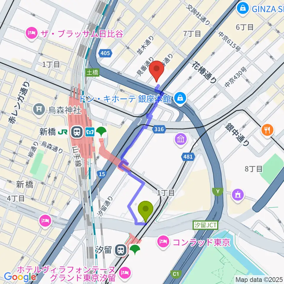 汐留駅から博品館劇場へのルートマップ地図