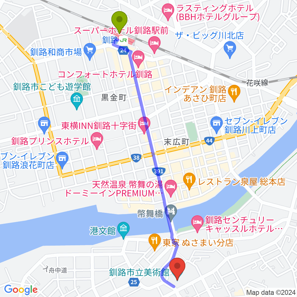 釧路市生涯学習センター まなぼっと幣舞の最寄駅釧路駅からの徒歩ルート（約24分）地図