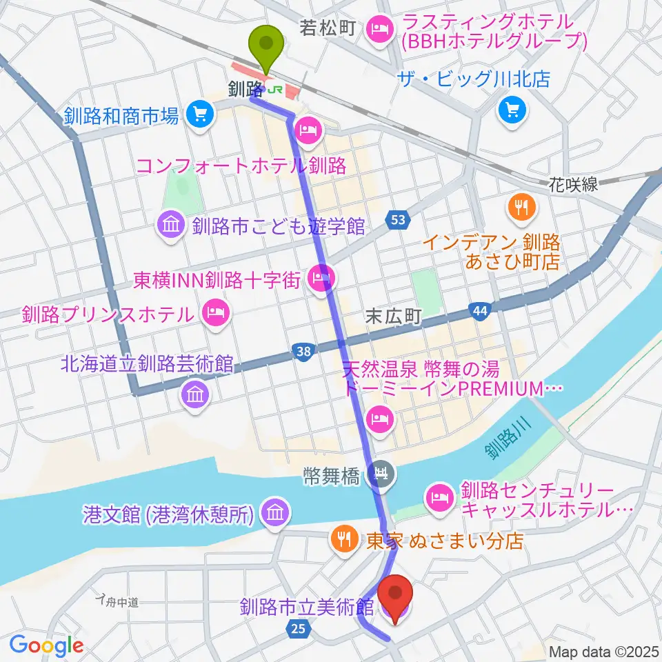 釧路市生涯学習センター まなぼっと幣舞の最寄駅釧路駅からの徒歩ルート（約24分）地図