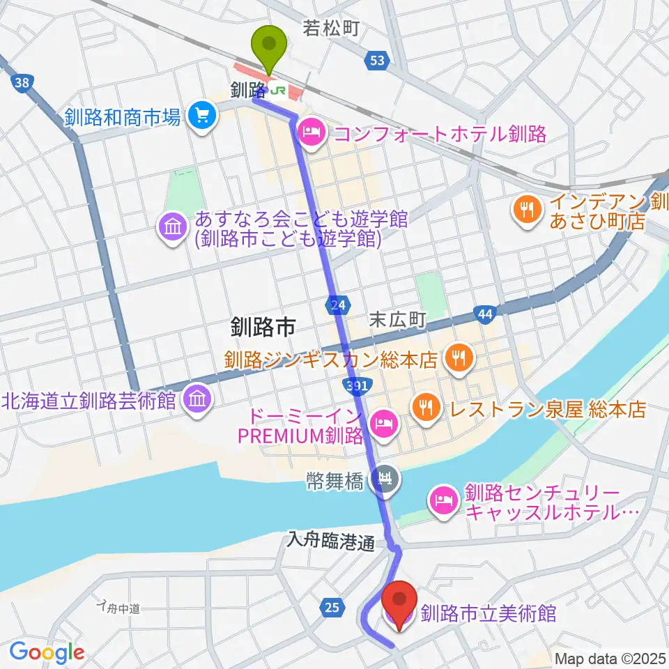 釧路市生涯学習センター まなぼっと幣舞の最寄駅釧路駅からの徒歩ルート（約24分）地図
