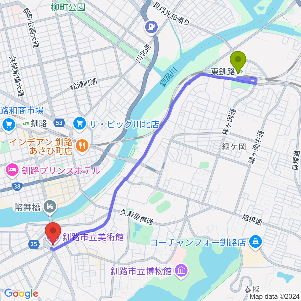 東釧路駅から釧路市生涯学習センター まなぼっと幣舞へのルートマップ地図