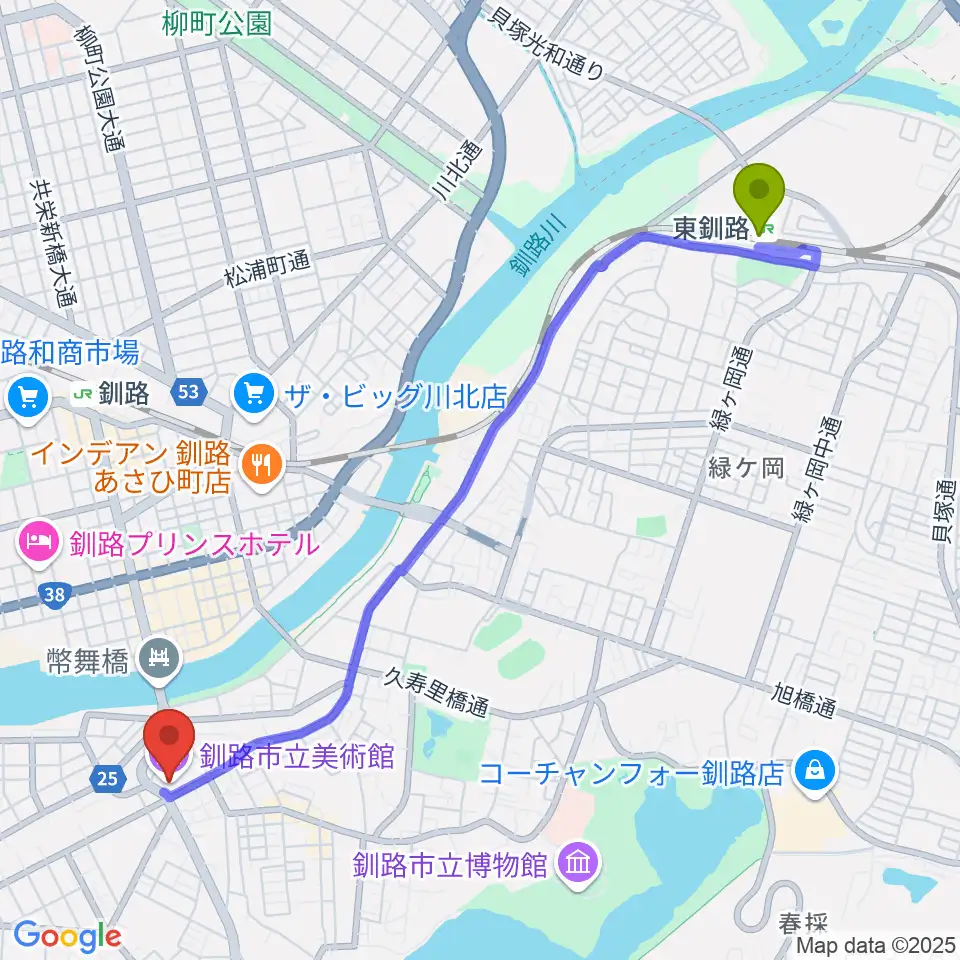 東釧路駅から釧路市生涯学習センター まなぼっと幣舞へのルートマップ地図