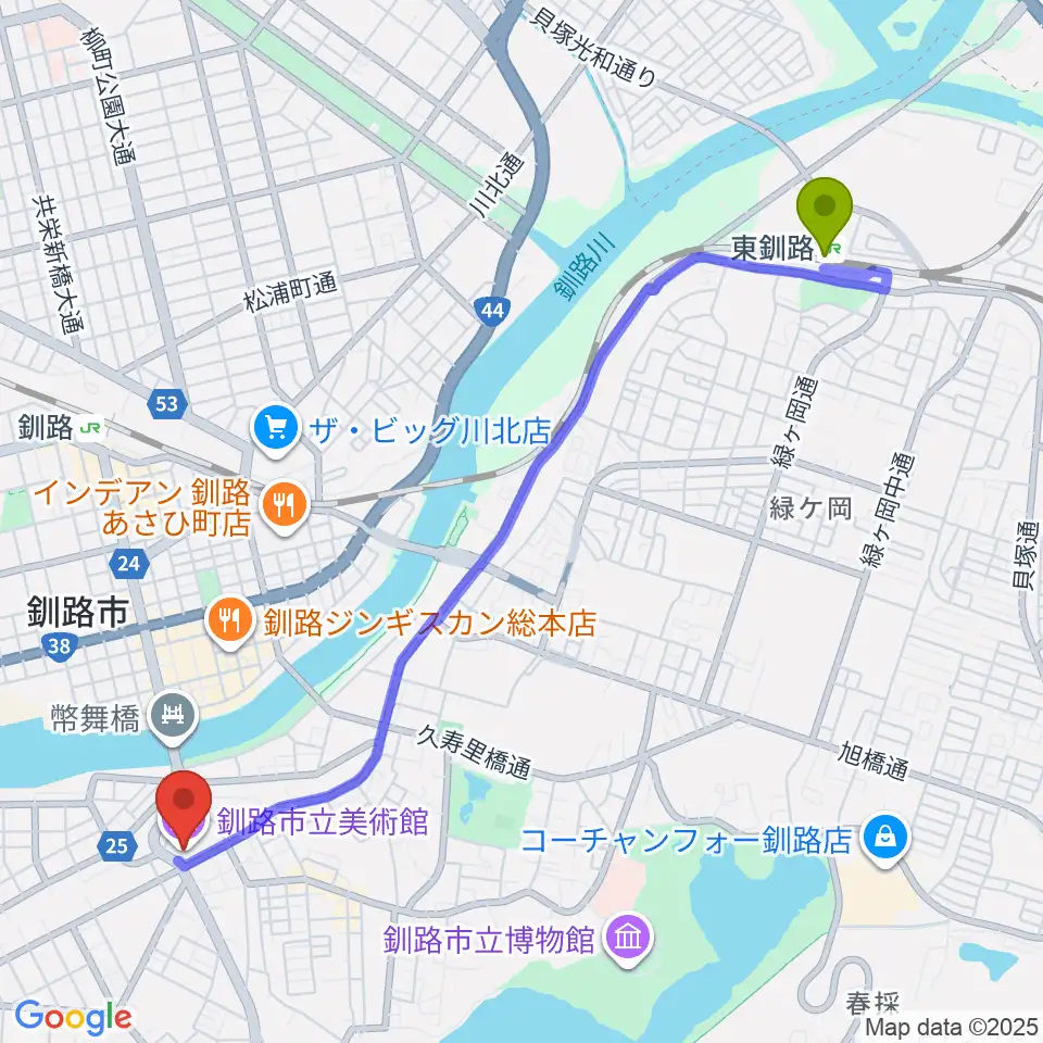 東釧路駅から釧路市生涯学習センター まなぼっと幣舞へのルートマップ地図