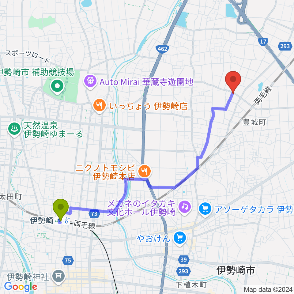 平田ドラム教室 伊勢崎店の最寄駅伊勢崎駅からの徒歩ルート（約45分）地図