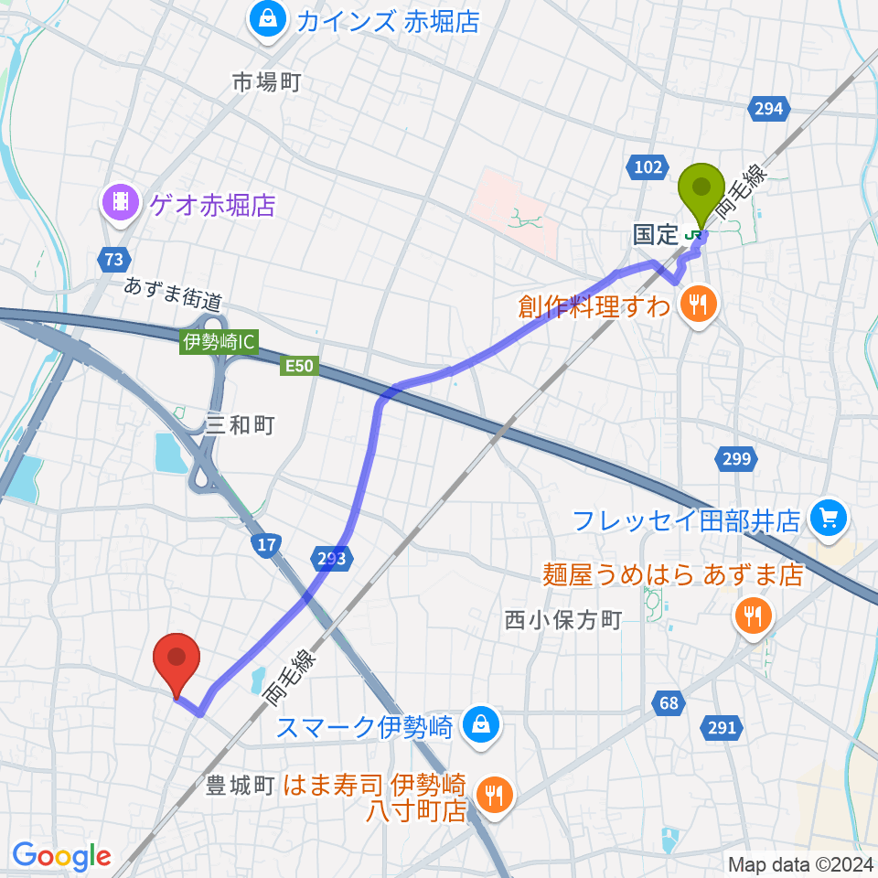 国定駅から平田ドラム教室 伊勢崎店へのルートマップ地図