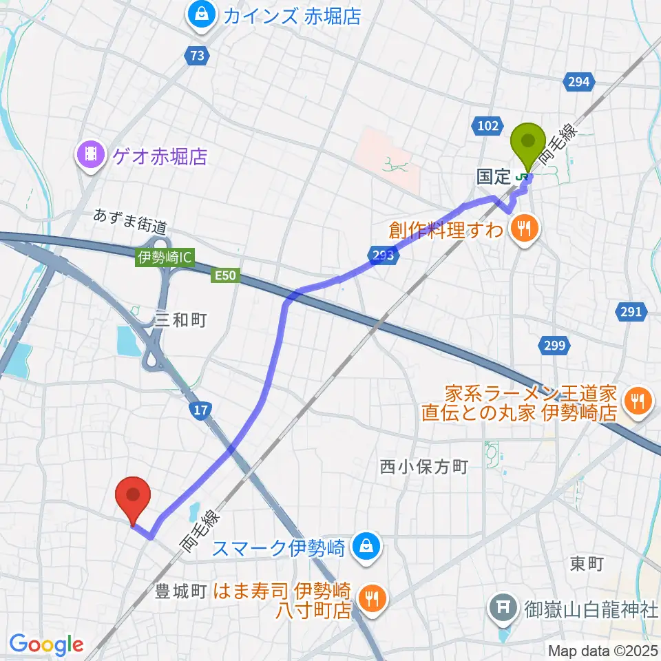 国定駅から平田ドラム教室 伊勢崎店へのルートマップ地図