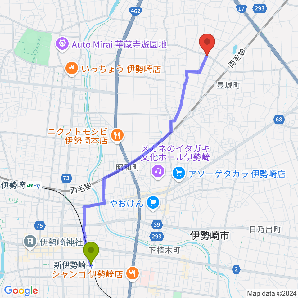 新伊勢崎駅から平田ドラム教室 伊勢崎店へのルートマップ地図